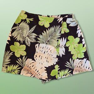 Y2K Vamp Mini Skirt Skort Size 9 Brown Green Floral Tropical Leaf Print